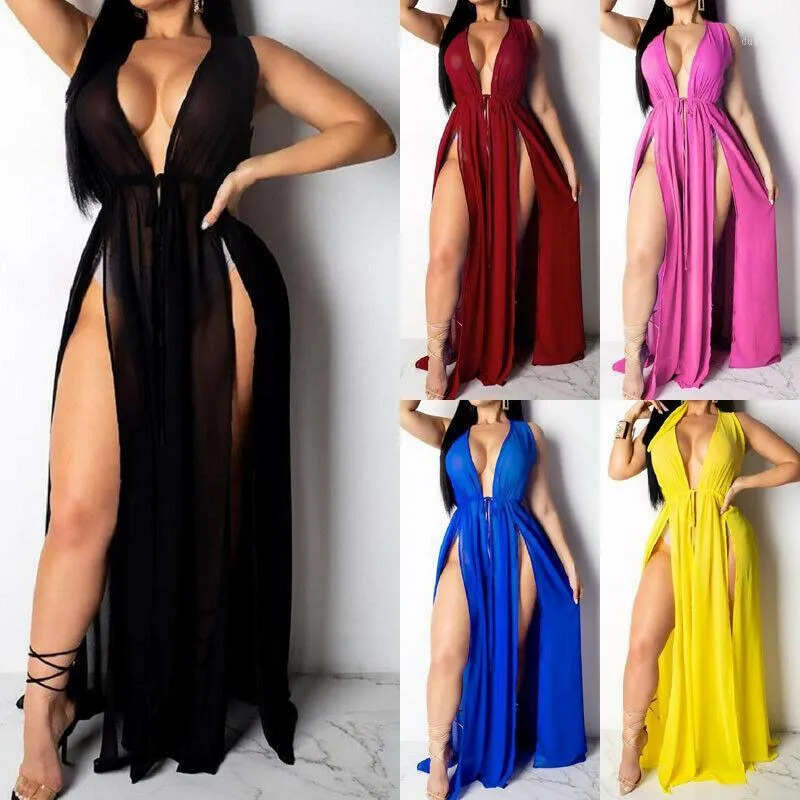 Sexy New Women Beach Cover Ups Swimwear Bikini Cover Up Sarong Kimono Kaftan Dress Beachwear Deep V Beach Maxi Wrap Long Dress1