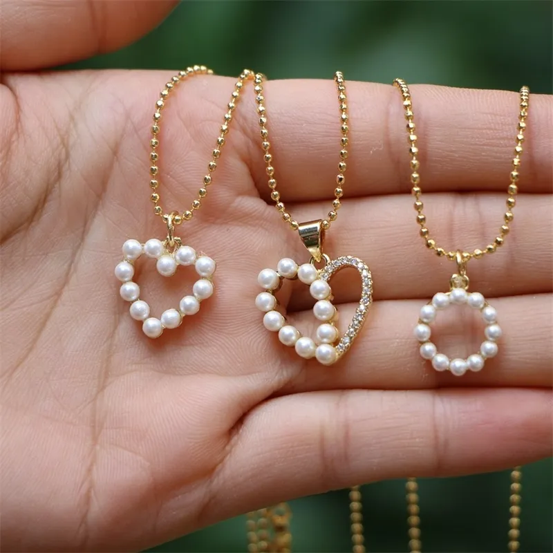 6Pcs Luxury Pearl with simple style of love round Pendant Heart Shape Charm Necklace
