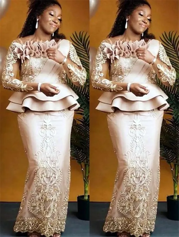 2022 Plus La Taille Arabe Aso Ebi Champagne Dentelle Sexy Mère De Robes De Mariée Manches Longues Gaine Vintage De Bal Soirée Formelle Robes De Soirée Robe