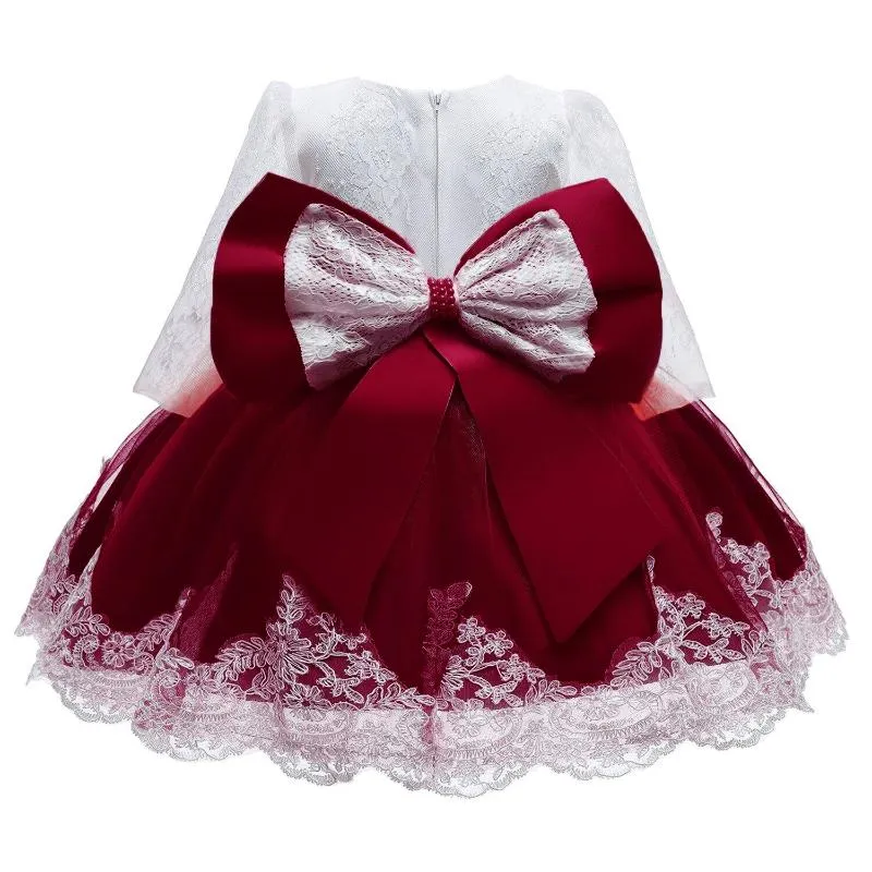 Abiti da ragazza Dress Bambino rosso Dress per autunno manica lunga pizzo grande fiocco infantile vestiti ragazza anno ragazze abbigliamento fiore fiore 0-2t