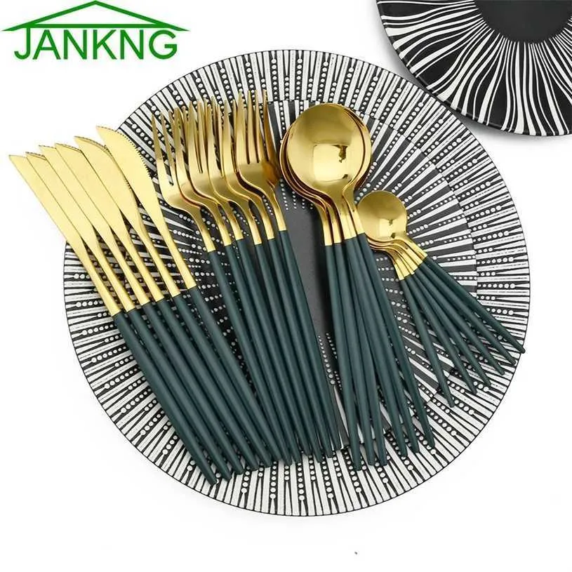 24 pcs rostfritt stål servis uppsättning kök grönt guld bestick kniv gaffel sked bestick porslin minimalistisk bestick 211229