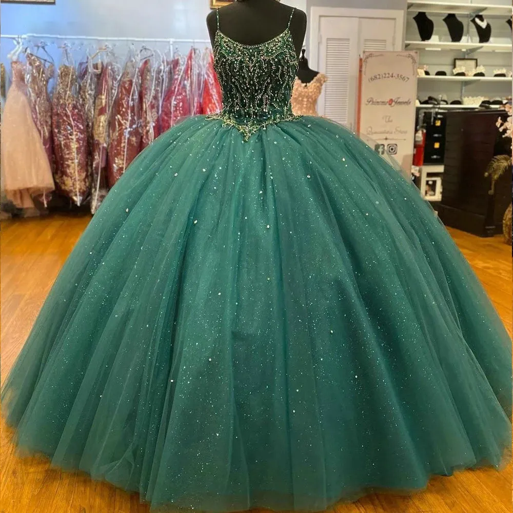 반짝이는 반짝이 Quinceanera 드레스 스파게티 스트랩 공 가운 댄스 파티 가운 vestidos de 15 años 맞춤 제작자 드레스