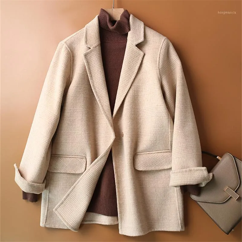 Haute qualité laine Blazer femmes 90% laine Plaid bureau dame Blazer bouton caché deux poches veste printemps automne manteau Female1