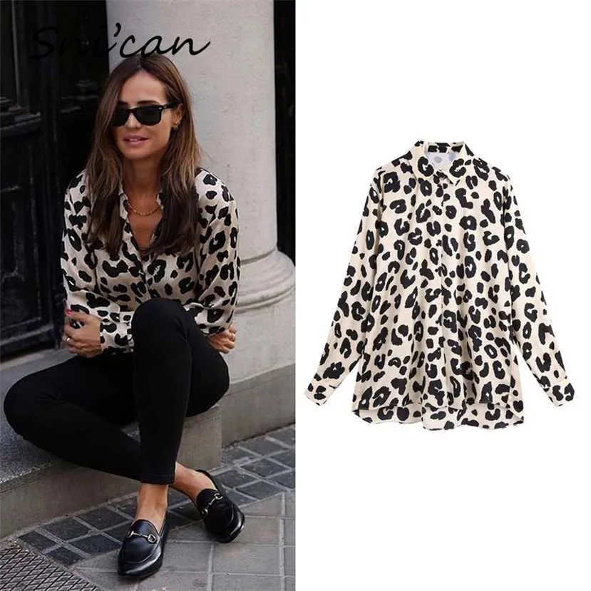 Snian Leopard Print Blue Long Sleeve Office Ladies Shirts Za Autumn Spring Bluas Mujer de Moda Femme Chandails Tops 220119