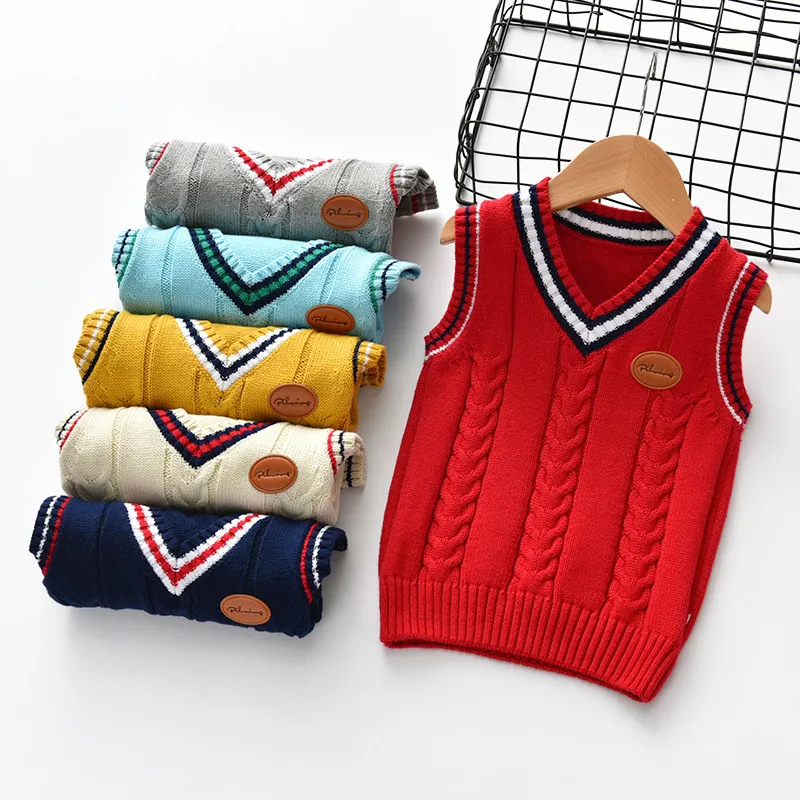 Suéteres para bebés, ropa para niños, chaleco de algodón de cáñamo con cuello en V, uniforme escolar, suéteres de punto para niños pequeños, CENKIBEYRA 210308