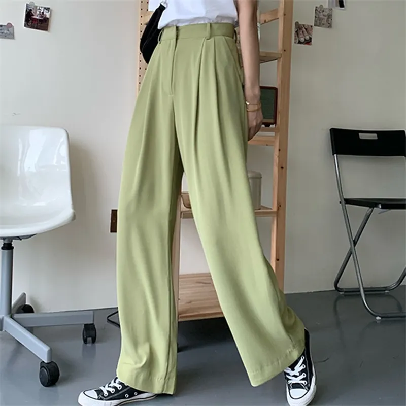 Nuovi pantaloni stile coreano chic casual a gamba larga da donna verde beige nero autunno pantaloni da ufficio streetwear pantaloni larghi a vita alta 201012