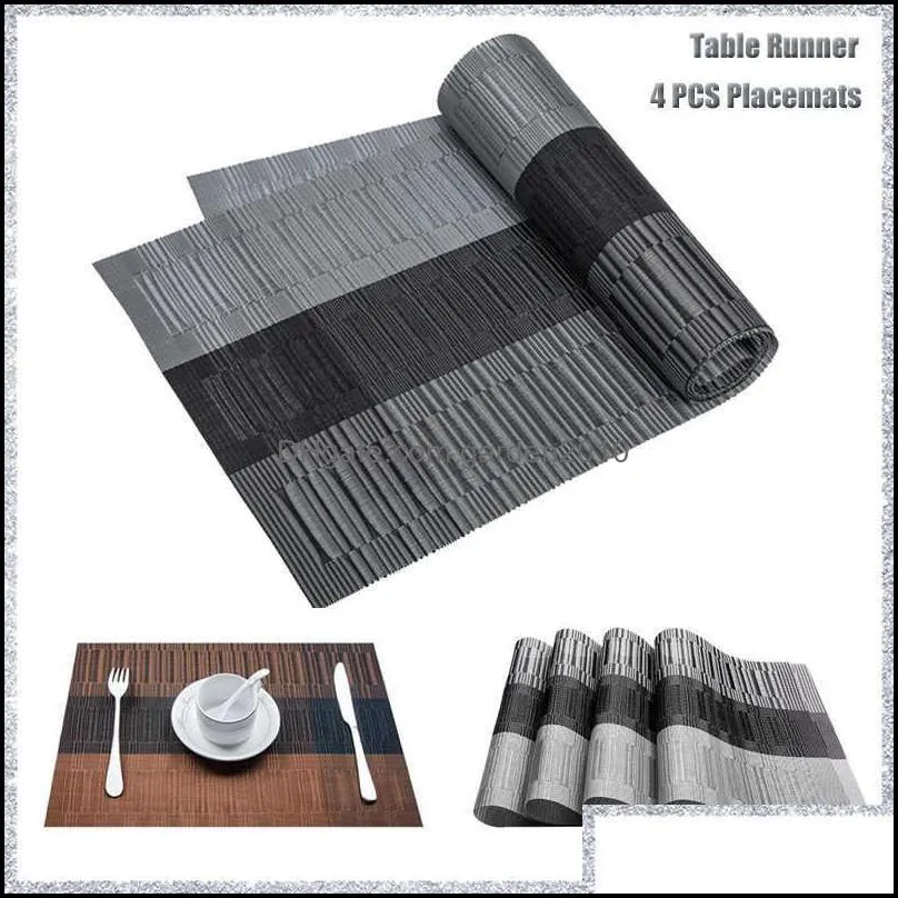 Grey Black Table Runner for Dining Non-slip Pad Waterproof Mat PVC Runners Set of 4 Placemats Decor 30x180cm 220107