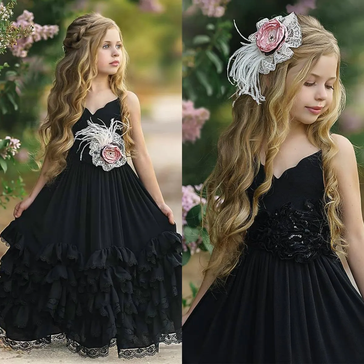2021 Siyah Bohemian Çiçek Kız Elbise Düğün Için Şifon Bir Çizgi Kız Pageant Elbise Kat Uzunluk Çocuk Doğum Günü Communion Elbise
