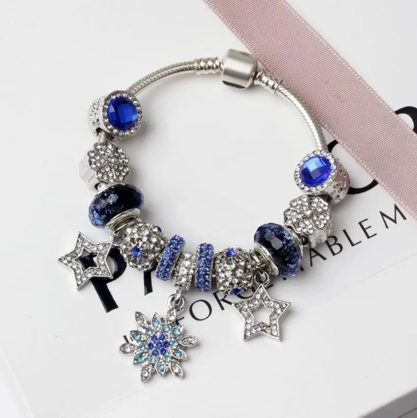 Charm Bracelets Fit 925 Blue Star Snowflake Crystal Pendant Bracelet Diy Jewelry Beads Cat Eye For Holiday Gifts Drop