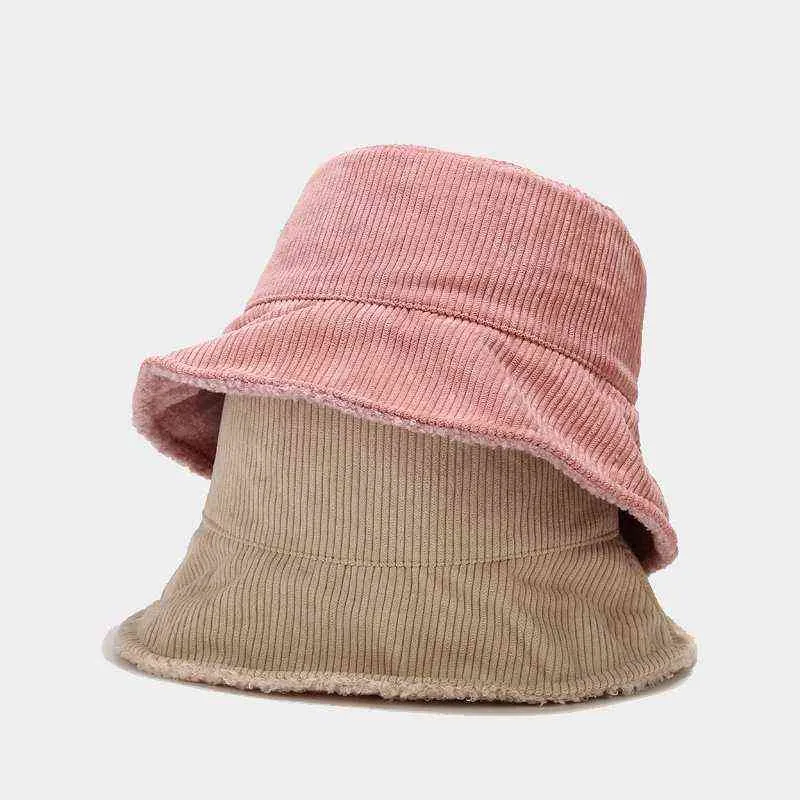New Women Plus Plush Corduroy Bucket Hat Female Solid Winter Solid Streetwear Warmer Folding Big Wide Visor Vintage Flat Hats G220311