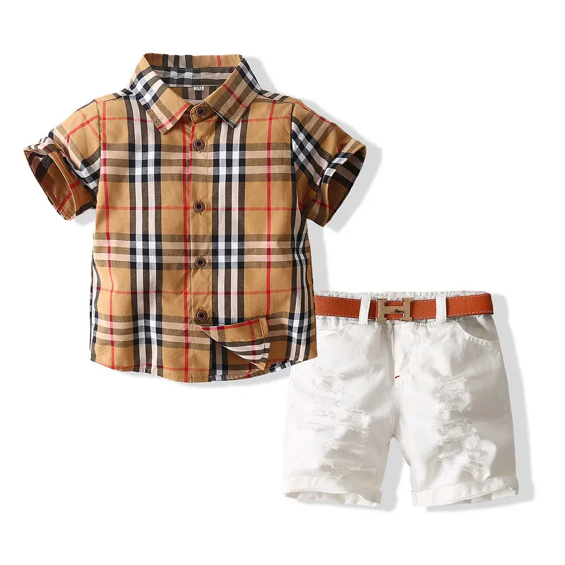 Baby Boys Ubrania Zestaw Fashion Plaid Short Rleeve Lapel Szyjka Koszulka Top Białe Kolor Krótkie spodnie