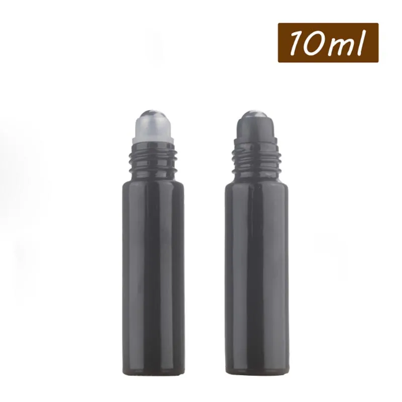 Glänsande svart 10ml glasrulle på parfymflaska för ögonkräm Essentiell olja med SS Gemstone Roller Black Metal Cap