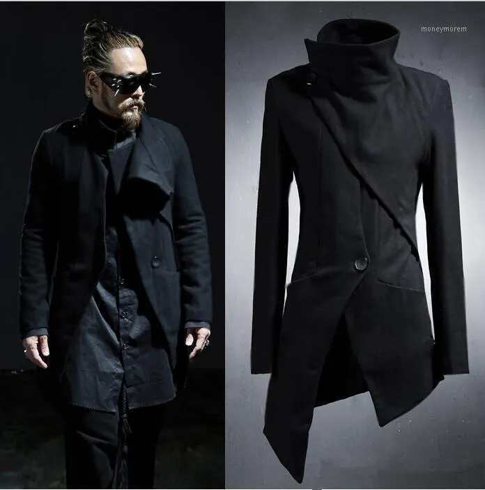 Trench da uomo all'ingrosso Coreano Harajuku Gotico Irregolare Punk Cappotto da uomo Lungo Cappotto da uomo nero Giacca da uomo Slim Fit Giacca a vento1