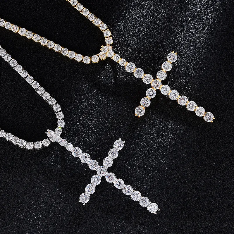 Iced Out Cubic Zirconia Big CZ Cross Pendant Necklace With Tennis Chain Gold Silver Copper Material HipHop Jewelry