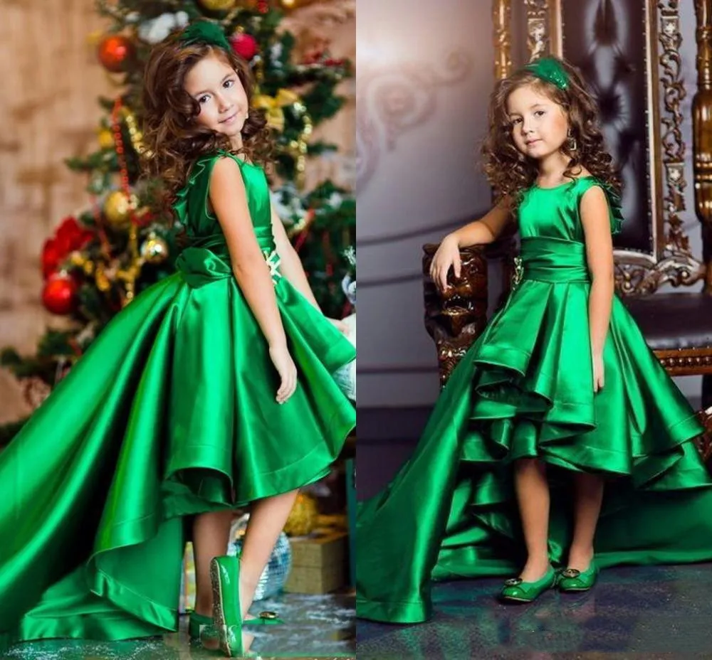 New Arrival Emerald Green Girls Pageant Dresses High Low Princess Flower Girls Dresses For Weddings Lovely Kids Communion Dress