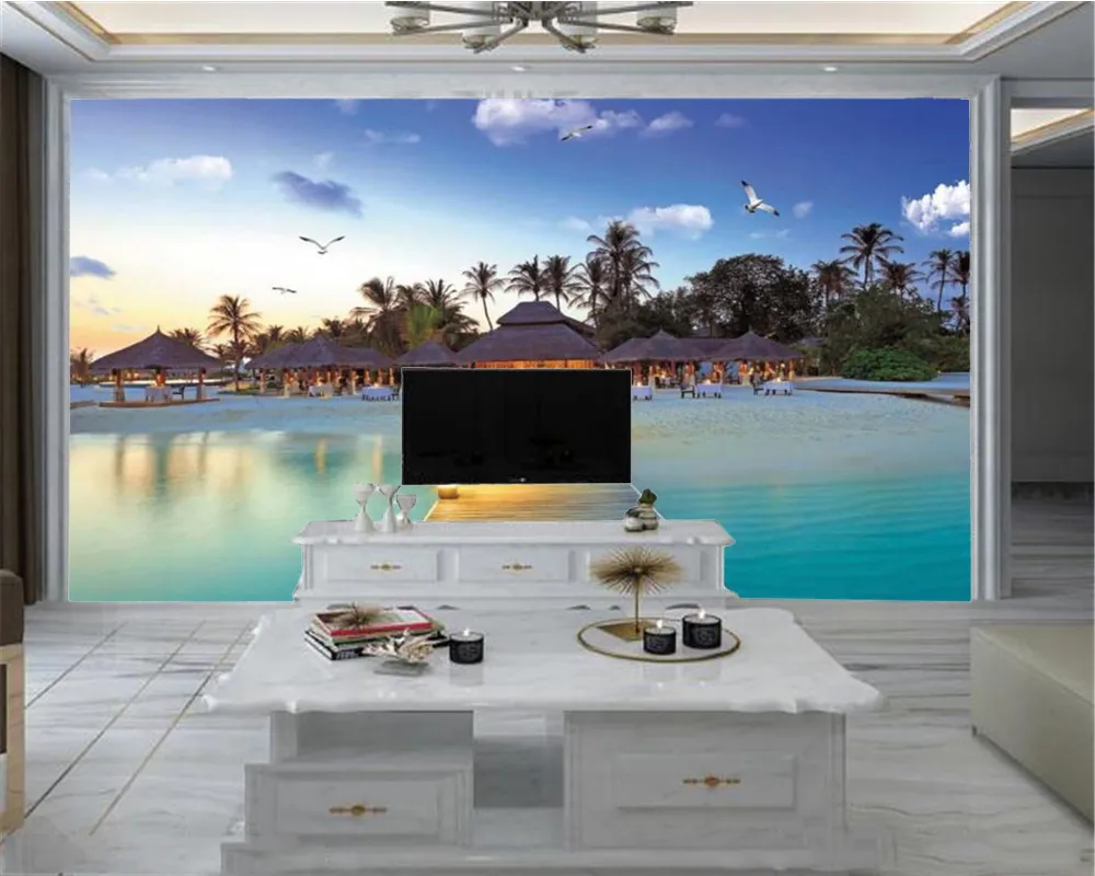 Niestandardowe 3d Seascape Wallpaper Piękna sceneria nadmorski domy strzechą Domy 3d tapety 3d ścienne papieru do salonu