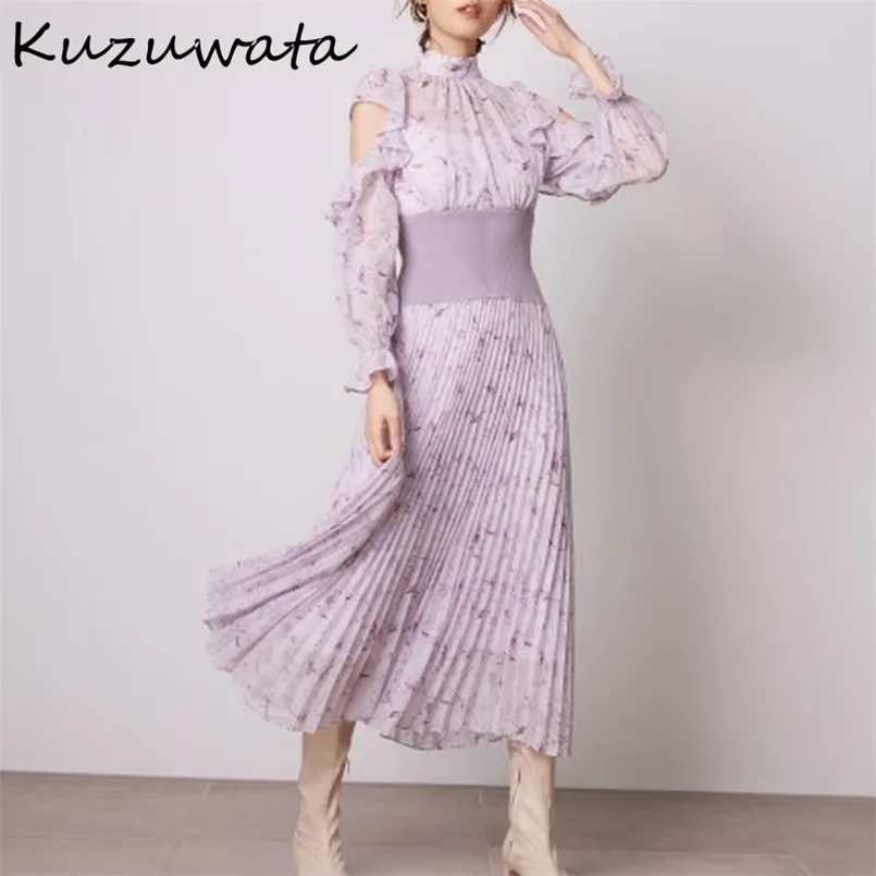 Kuzuwata automne robes col montant épaules dénudées manches volantes fileté taille mince plissé imprimé robes douces femmes Robe 220311