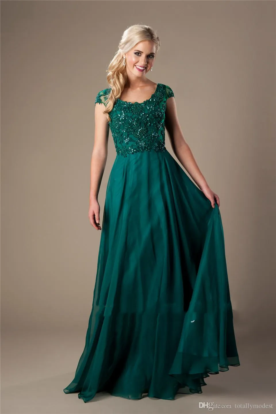 Green Beaded Lace Chiffon Long Prom Dresses Modest With Cap Sleeves robe de soiree Elegant Prom Evening Dresses Long Cheap Fast Shipping