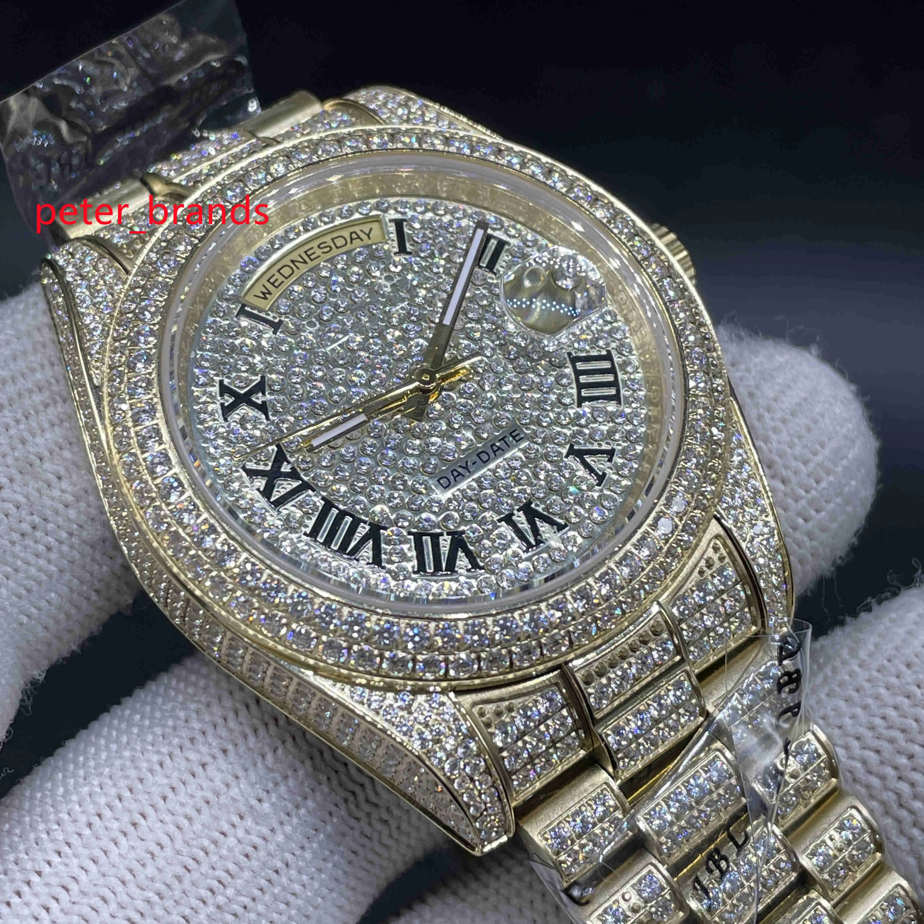 NOUVEAU Luxe 40mm montre de haute qualité pleine bande de diamants Montres automatiques pour hommes mode or jaune 904 Boîtier en acier inoxydable Côté du visage de diamant