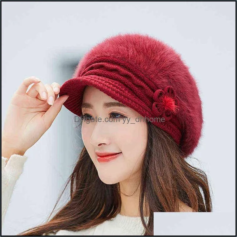 warm Girl Winter Autumn beret hat for women Wool knitted hat for mom Rabbit fur beret solid fashion lady cap fall hat Female cap