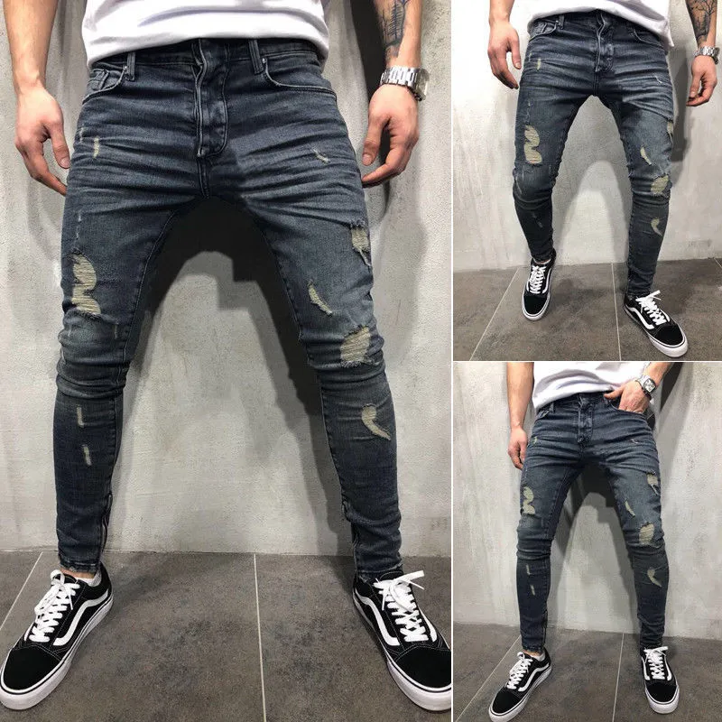 S-4XL Erkek Erkek Yırtık Kot Pantolon Skinny Slim Fit Denim Pantolon Yıkılan Yıpranmış Bıyık Etkisi Pantolon Moda Streetwear C1123