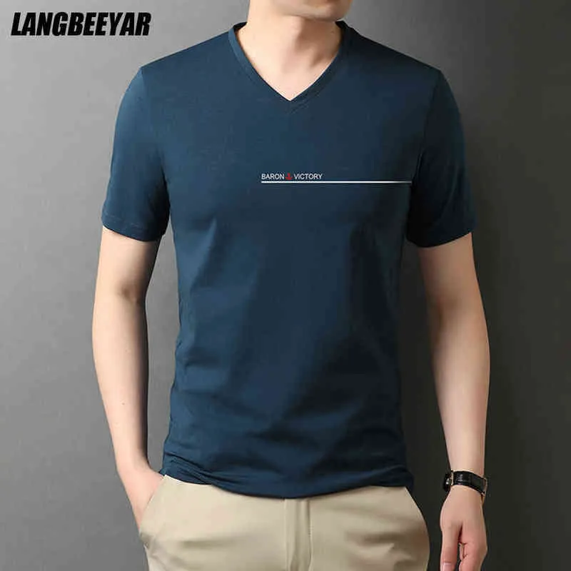 2021 Lato Nowa marka Topy V Neck T Shirt Mężczyźni 95% Bawełna 5% Spandex Plain Solid Color Krótki rękaw Casual Moda Męskie Ubrania G1229