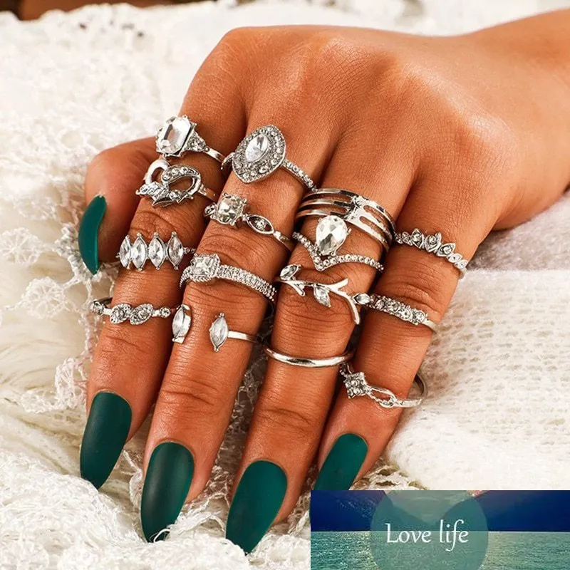 Nieuwe 15 stks / set Boho Drop Crystal Bladeren Hollow Hart Ring Set Mode Bloem Vine Gemotric Finger Rings Sieraden