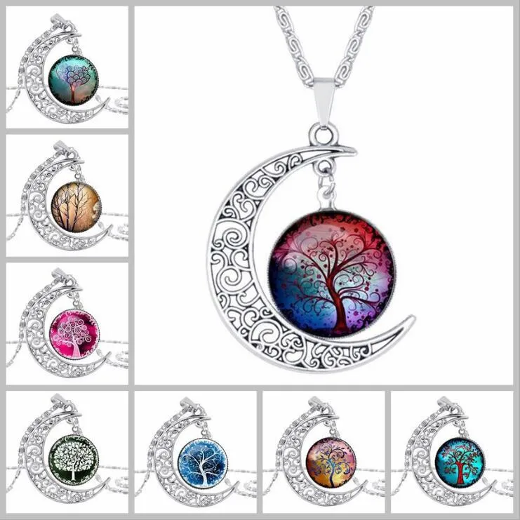 Verre lune colliers pour femmes hommes arbre de vie signe du zodiaque fleur loup nébuleuse espace galaxie pendentif chaînes bijoux GD980