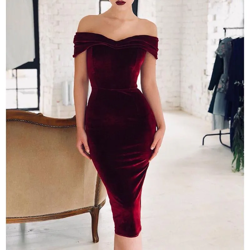 Velvet off shoulder bodycon dress discount