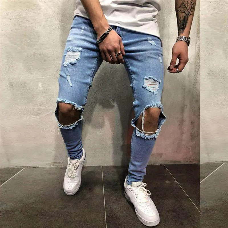 Mäns jeans män skinny stretch denim byxor märke cool designer bekymrad rippad för smal passform byxor e211