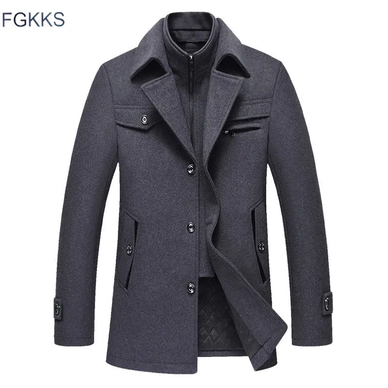 FGKKS Mannen Winter Wollen Jas Heren Nieuwe Mode Warme Dikke Comfortabele Wol Blends Wollen Erwtjas Mannelijke Trenchcoat overjas 201126