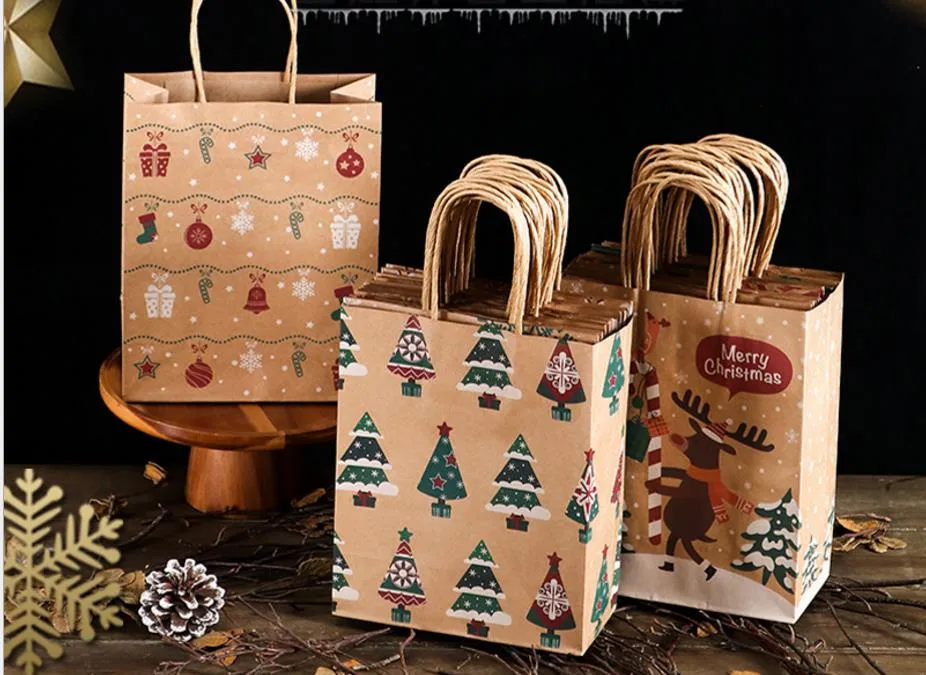 Kraft Paper Bags Small Brown Wrap Gift Bags with Handles for Shopping Packaging Wrap Baby Shower Christmas Snowflake Bell Stocking Parttern