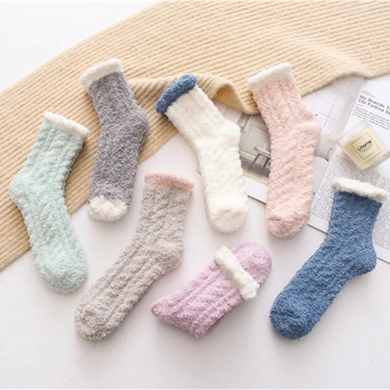 Chaussettes de sport Lady hiver chaud moelleux corail velours épais serviette chaussettes bonbons adulte étage sommeil chaussettes floues femmes fille bas JXW785