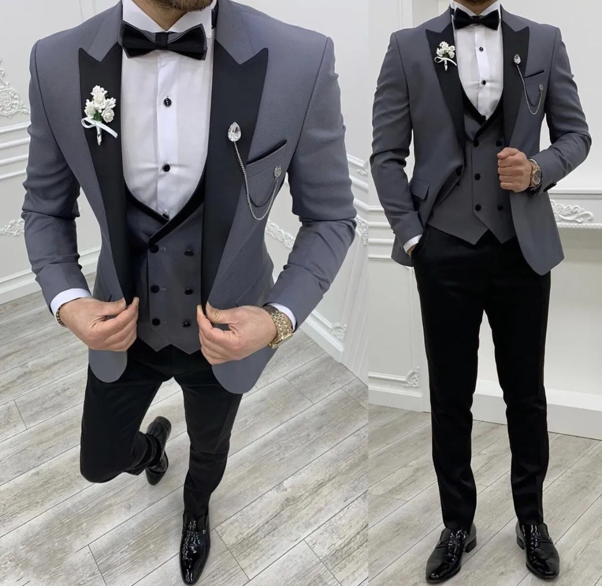 New Grey Groom Wear Smoking da sposa Costume Abiti da uomo Pantaloni neri Slim Fit per abito formale Giacca Pantalone Gilet 3 pezzi Blazer Prom Party Compleanno Cena