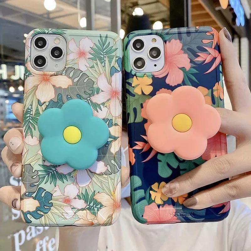 Vintage schattige bloemenbladeren Standhouderkisten voor iPhone 13 11 12 11Pro Max XR XS Max X 7 8 Plus vouwbeugel Cover