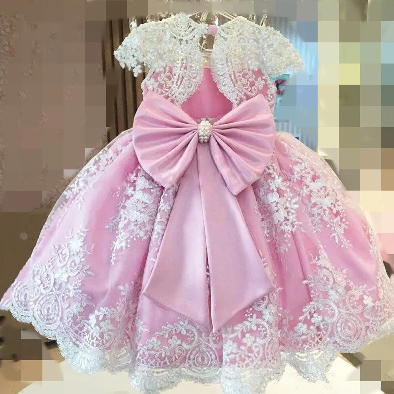 Image réelle princesse perles dentelle Appliques rose robes de demoiselle d'honneur robes de bal à col rond pour petit bébé robes de première communion