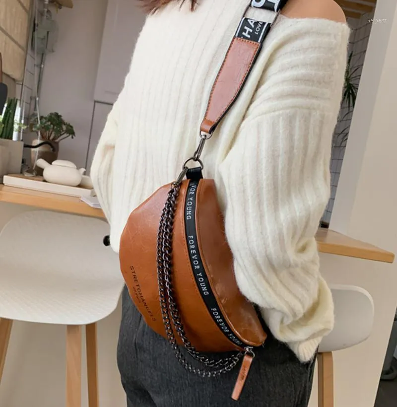 Waist Bags 2021 Women's Bag PU Leather Metal Double Chain Sum Per Band Fanny Pack Bananka Fashion Satchel Belly Belt Bag1