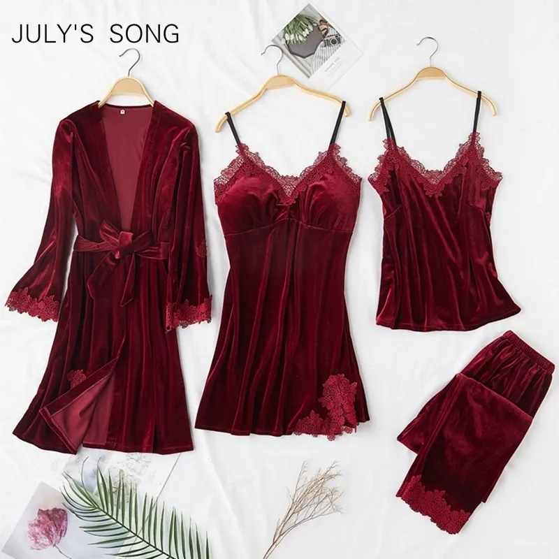 JULY'S SONG Mode Velours 4 Pièces Chaud Hiver Pyjamas Ensembles Femmes Sexy Dentelle Robe Pyjama Vêtements De Nuit Costume Sans Manches De Nuit 201027