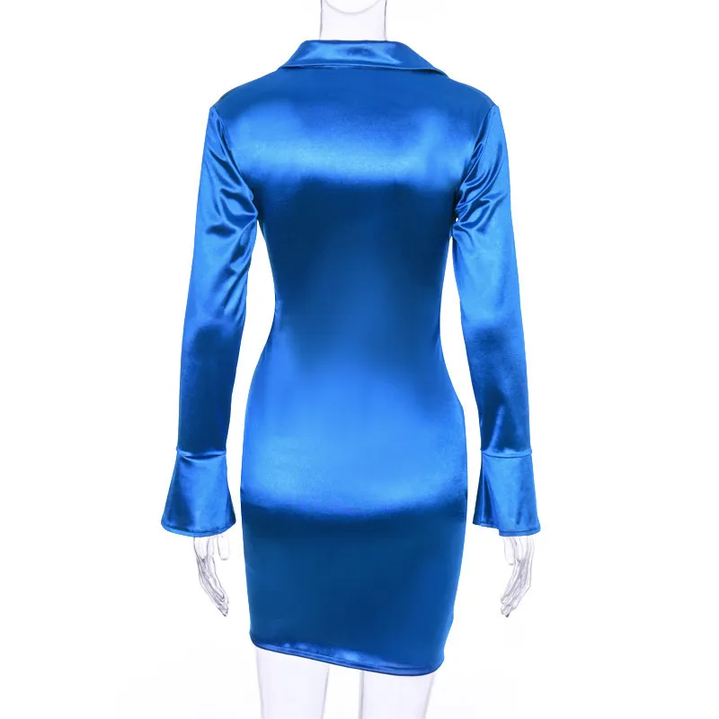 Neon Satin Bodycon Mini blue Satin dress with Ruched Detailing - Perfect for Parties and Clubs in Autumn and Winter