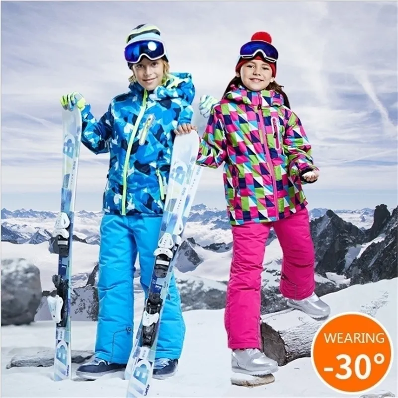 -30 Children brand ski suit boy girl kids snowboard suit Set Waterproof outdoor sports jacket pants clothes snowsuit teen 12 14 LJ201017