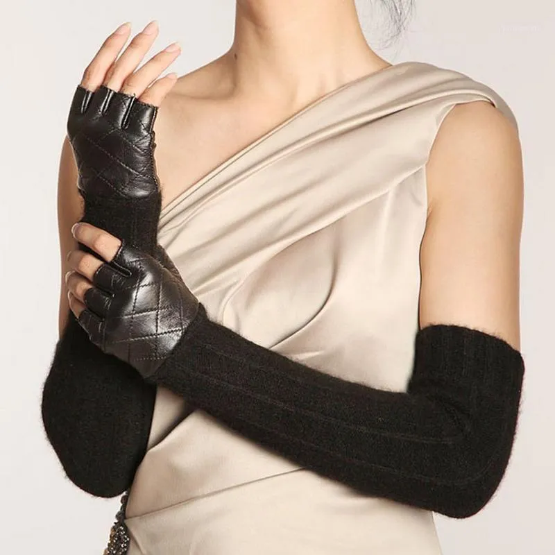 خمسة أصابع قفازات ترقية المرأة جلد الغنم طويل أصابع الشرير الأزياء جلد طبيعي الأوبرا الصلبة سيدة القفاز الشتاء الصوف قفاز L111NQ1