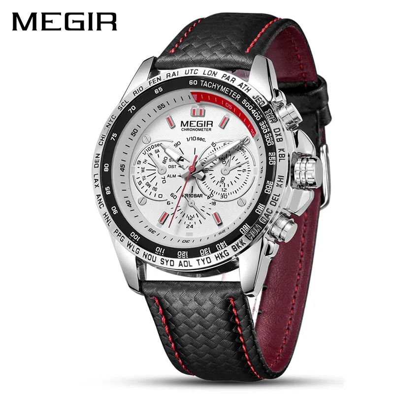 MEGIR Mens Watches Top Brand Luxury Quartz Watch Men Fashion Casual Black Leather Strap Clock Big Dial Sport Watch Erkek Saat X0524