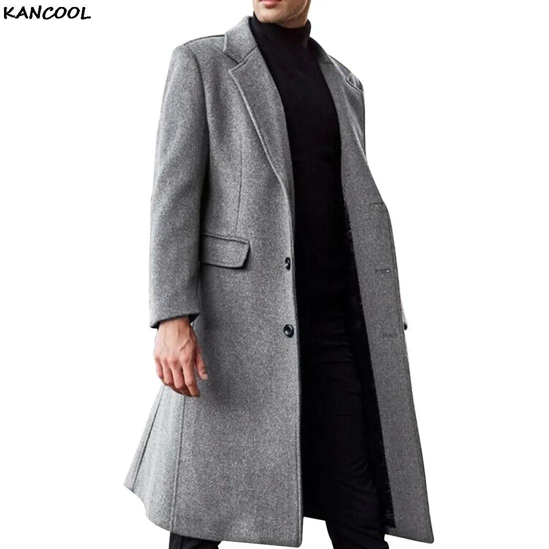 Kancool herfst winter heren lange trenchcoat mode boutique wollen jassen merk mannelijke slanke wollen windbreker jas plus size lj201106