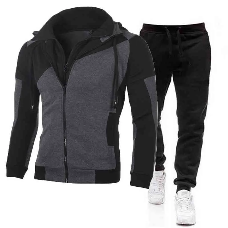 2021 Jesień Zima Męskie Ciepłe Dres Kapturem Zipper Płaszcz i spodnie dresowe 2 Sztuka Sport Suit Trening Sportswear Siłownia Fitness Set Y1221