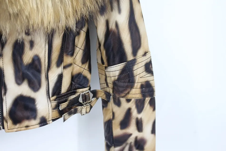 natural sheep leather jacket big fur collar leopard color (6)