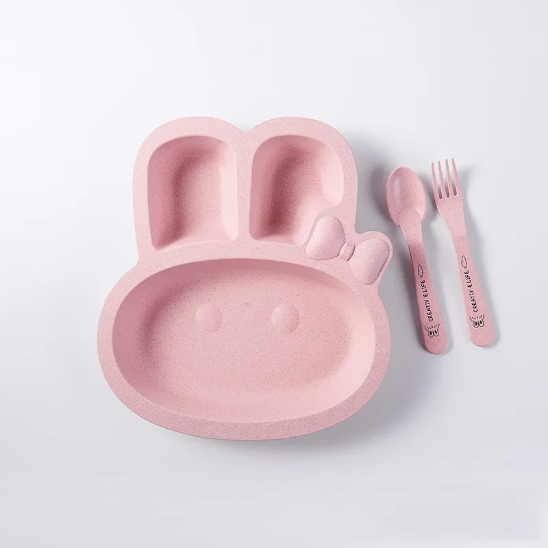 Neue niedliche Kaninchen-Teller für Baby-Baby-Fütterungsgeschirr, Weizenstroh-Kinderteller, 3 Stück/Set