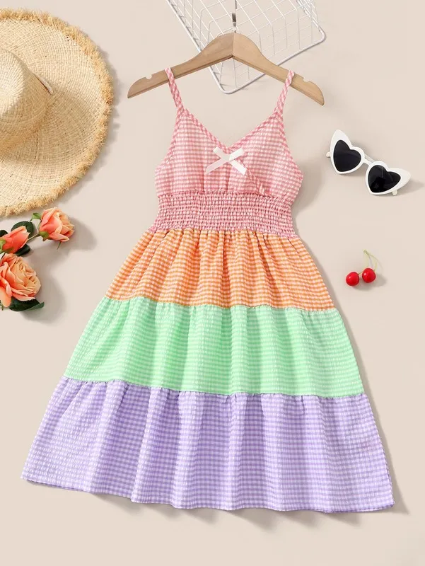 Meisjes Gingham Print Colorblock Shirred Bow Front Cami Jurk Zij