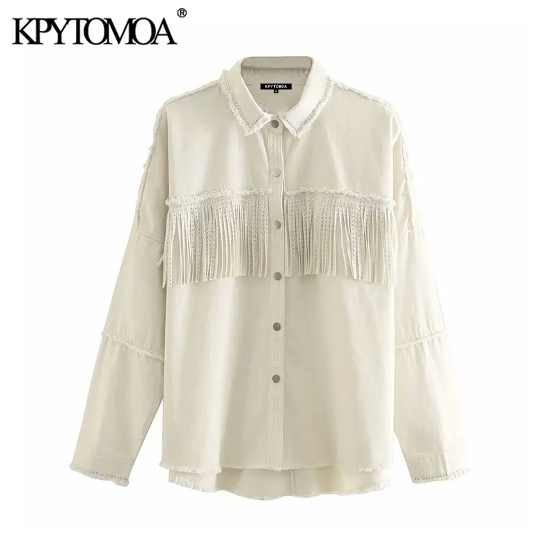 KPYTOMOA moda mujer con tachuelas con flecos de gran tamaño chaqueta de mezclilla abrigo Vintage manga larga deshilachado prendas de vestir exteriores femeninas Chic Tops 201120