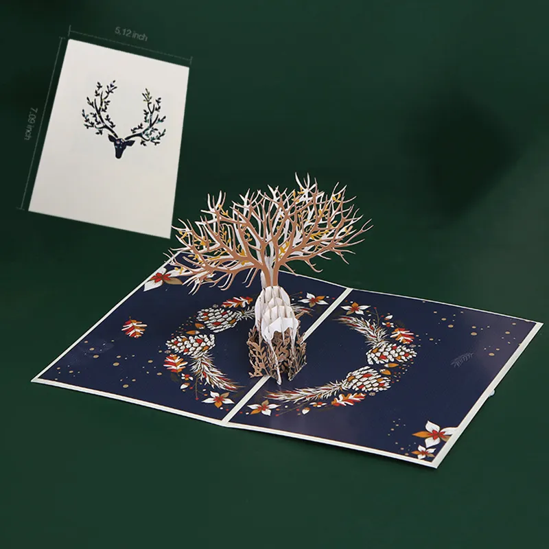 Christmas Elk 3D Tarjeta de felicitación estéreo Creativo DIY Papel hecho a mano Talla Hollow Gracias Bendición Tarjetas de felicitación WH0246