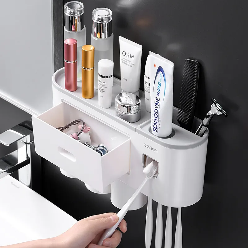 Wandmontage Magnetische Tandenborstelhouder Automatische Tandpasta Dispenser Sterke Adsorptie Magnetische Cup Badkamer Accessoires Sets LJ237c